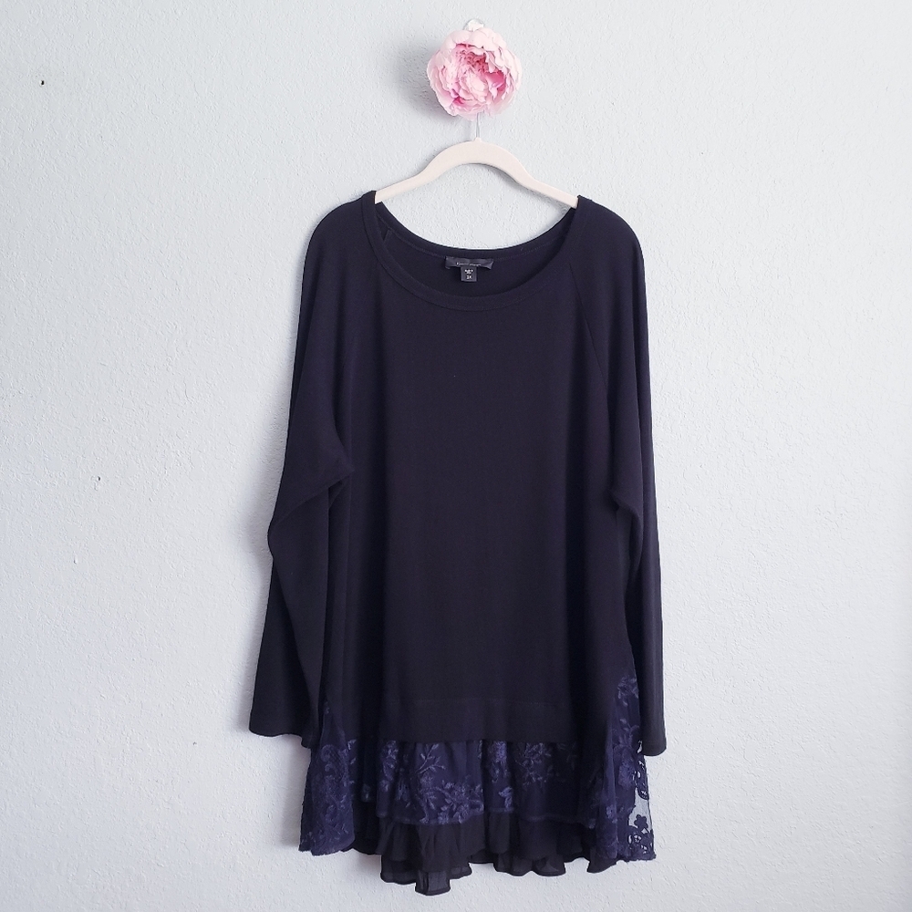 Karen Kane Black Light Sweater Tunic With Tiered Navy Floral Embroidered Lace